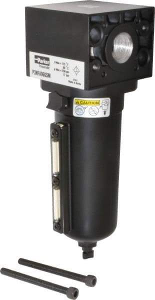 Parker - 3/4" Port, 10.95" High x 3.62" Wide Heavy Duty Filter with Metal Bowl, Manual Drain - 270 SCFM, 250 Max psi, 175°F Max Temp, Sight Glass Included, Modular Connection, 18 oz Bowl Capacity - Industrial Tool & Supply