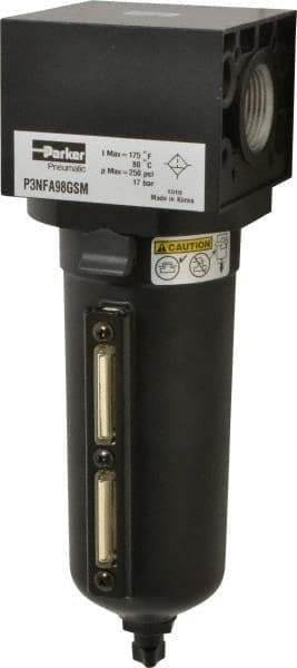 Parker - 1" Port, 10.95" High x 3.62" Wide Heavy Duty Filter with Metal Bowl, Manual Drain - 300 SCFM, 250 Max psi, 175°F Max Temp, Sight Glass Included, Modular Connection, 18 oz Bowl Capacity - Industrial Tool & Supply