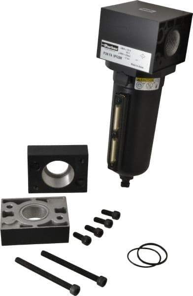 Parker - 1-1/2" Port, 10.95" High x 5.59" Wide Heavy Duty Filter with Metal Bowl, Manual Drain - 310 SCFM, 250 Max psi, 175°F Max Temp, Sight Glass Included, Modular Connection, 18 oz Bowl Capacity - Industrial Tool & Supply