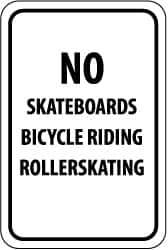 NMC - "No Skateboards Bicycle Riding Rollerskating", 12" Wide x 18" High, Aluminum Parking Lot Traffic Signs - 0.063" Thick, Black on White, Rectangle, Post Mount - Industrial Tool & Supply