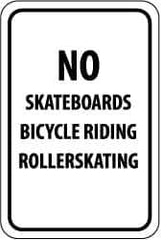 NMC - "No Skateboards Bicycle Riding Rollerskating", 12" Wide x 18" High, Aluminum Parking Lot Traffic Signs - 0.063" Thick, Black on White, Rectangle, Post Mount - Industrial Tool & Supply