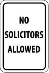 NMC - "No Solicitors Allowed", 12" Wide x 18" High, Aluminum Parking Lot Traffic Signs - 0.063" Thick, Black on White, Rectangle, Post Mount - Industrial Tool & Supply