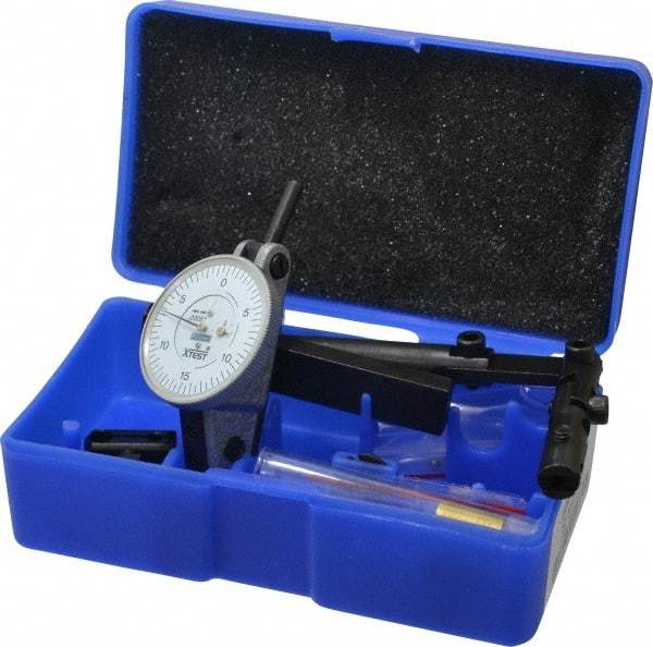 Fowler - 12 Piece, 0" to 0.06" Measuring Range, 1-1/2" Dial Diam, 0-15-0 Dial Reading, Horizontal White Dial Test Indicator Kit - 5/8" Contact Point Length, 0.04, 0.08 & 0.12" Ball Diam, 0.0005" Dial Graduation - Industrial Tool & Supply