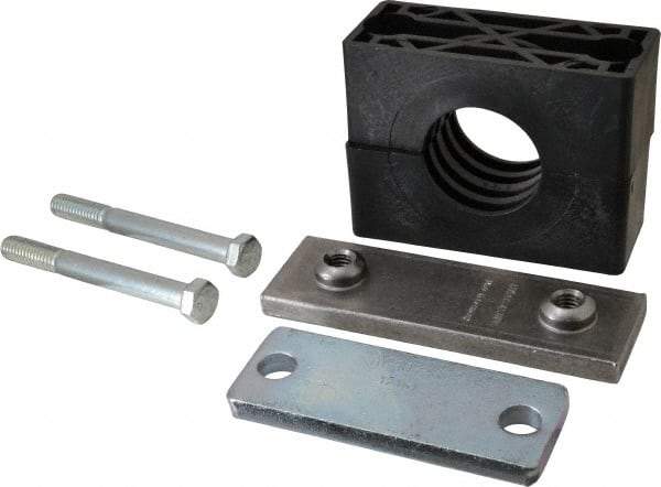HYDAC - 5.51" Wide x 4.33" High x 1.77" Deep, Polypropylene Heavy Duty Vibration-Control Clamp - Carbon Steel Plate, For 1-1/2" Pipe, Mount with Weld Plate, Top Plate, Plastic Clamp Pair, Bolts - Industrial Tool & Supply
