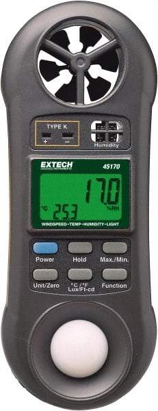Extech - -148 to 2,372°F, 10 to 95% Humidity Range, Thermo-Hygrometer, Anemometer and Light Meter - 4% Relative Humidity Accuracy - Industrial Tool & Supply
