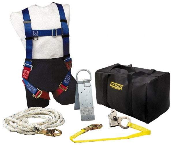 Gemtor - Universal Size, 300 Lb. Capacity, Polyester Roofer Fall Protection Kit - 3 Ft. Lanyard Long, Reusable Anchor, Blue, Red and Yellow - Industrial Tool & Supply