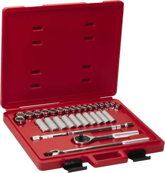 Proto - 31 Piece 1/2" Drive Chrome Finish Deep Well Socket Set - 12 Points, 10mm to 26mm Range, Metric Measurement Standard - Industrial Tool & Supply