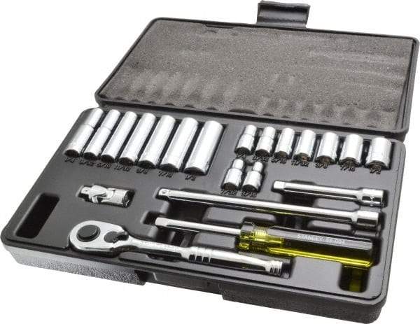 Stanley - 21 Piece 1/4" Drive Chrome Finish Deep Well Socket Set - 6 Points, 3/16" to 1/2" Range, Inch Measurement Standard - Industrial Tool & Supply