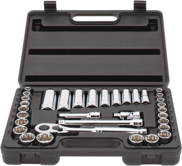 Stanley - 34 Piece 3/8" Drive Chrome Finish Deep Well Socket Set - 12 Points, 5/16" to 7/8" (8mm to 19mm) Range, Inch/Metric Measurement Standard - Industrial Tool & Supply