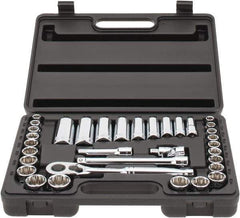 Stanley - 34 Piece 3/8" Drive Chrome Finish Deep Well Socket Set - 12 Points, 5/16" to 7/8" (8mm to 19mm) Range, Inch/Metric Measurement Standard - Industrial Tool & Supply