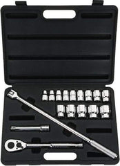 Stanley - 17 Piece 1/2" Drive Chrome Finish Socket Set - 12 Points, 3/8" to 1-1/4" Range, Inch Measurement Standard - Industrial Tool & Supply