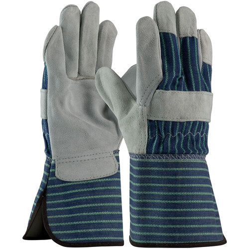 ‎82-7663/XL Split Leather Palm - Silver Series - A/B Select Shoulder - Bl./Green Striped - Rubberized GT - Exact Industrial Supply