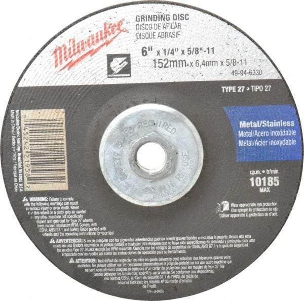 Milwaukee Tool - 24 Grit, 6" Wheel Diam, 1/4" Wheel Thickness, Type 27 Depressed Center Wheel - Aluminum Oxide, Resinoid Bond, R Hardness, 10,185 Max RPM, Compatible with Angle Grinder - Industrial Tool & Supply