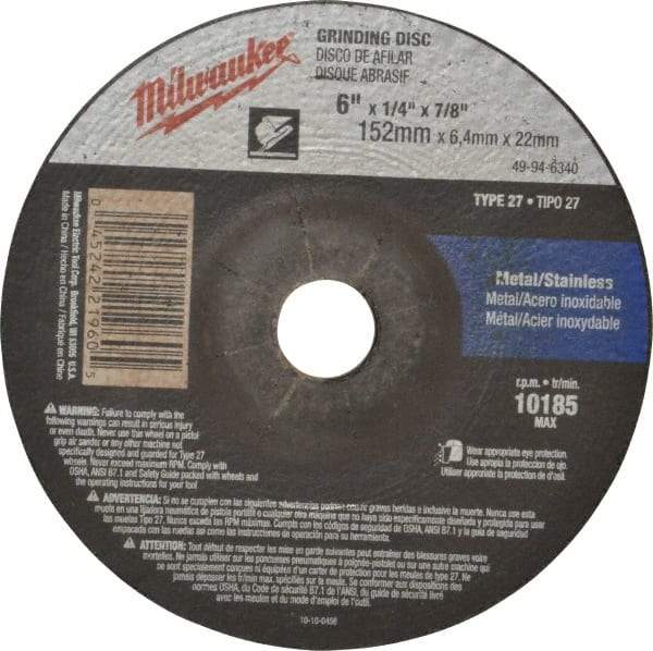 Milwaukee Tool - 24 Grit, 6" Wheel Diam, 1/4" Wheel Thickness, 7/8" Arbor Hole, Type 27 Depressed Center Wheel - Aluminum Oxide, Resinoid Bond, R Hardness, 10,185 Max RPM, Compatible with Angle Grinder - Industrial Tool & Supply