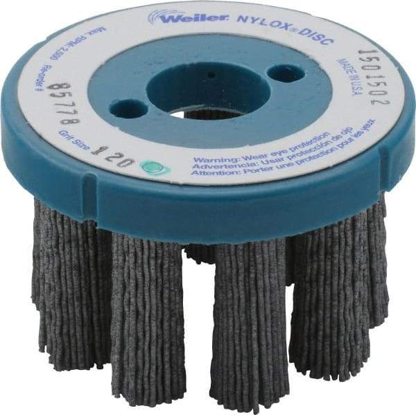 Weiler - 3" 120 Grit Silicon Carbide Crimped Disc Brush - Fine Grade, Plain Hole Connector, 1-1/2" Trim Length, 7/8" Arbor Hole - Industrial Tool & Supply
