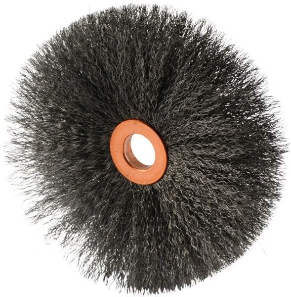 Weiler - 4" OD, 1/2" Arbor Hole, Crimped Steel Wheel Brush - 1/2" Face Width, 1-1/2" Trim Length, 0.006" Filament Diam, 20,000 RPM - Industrial Tool & Supply