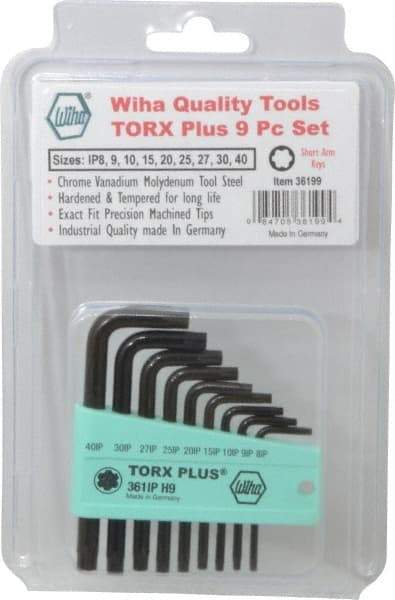 Wiha - 9 Piece IP8 to IP40 L-Key Short Arm Torx Plus Key Set - IP8, IP9, IP10, IP15, IP20, IP25, IP27, IP30, IP40 Torx Size - Industrial Tool & Supply