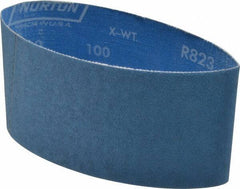Norton - 3-1/2" Wide x 15-1/2" OAL, 100 Grit, Zirconia Alumina Abrasive Belt - Zirconia Alumina, Fine, Coated, X Weighted Cloth Backing, Series R823 - Industrial Tool & Supply