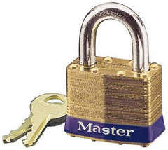 Master Lock - 15/16" Shackle Clearance, Keyed Different Laminated Brass Padlock - 5/16" Shackle Diam, Brass - Industrial Tool & Supply