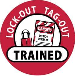 NMC - Lock-Out Tag-Out Trained, Hard Hat Label - Black & White on Red, 2" Thick, For Accident Prevention - Industrial Tool & Supply