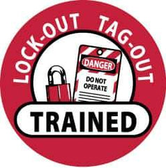 NMC - Lock-Out Tag-Out Trained, Hard Hat Label - Black & White on Red, 2" Thick, For Accident Prevention - Industrial Tool & Supply