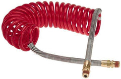 Parker - 3/8" ID, 1/2 x 1/2 Thread, 15' Long, Red SAE J844 Type B Nylon Coiled & Self Storing Hose - 150 Max psi, Parker NTA Brass Fittings - Industrial Tool & Supply