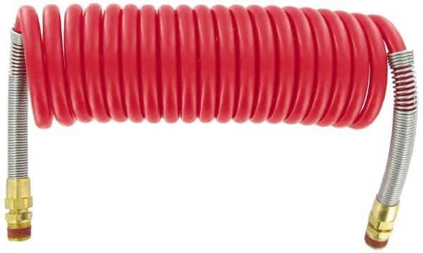 Parker - 3/8" ID, 1/2 x 1/2 Thread, 15' Long, Red SAE J844 Type B Nylon Coiled & Self Storing Hose - 150 Max psi, Parker NTA Brass Fittings - Industrial Tool & Supply