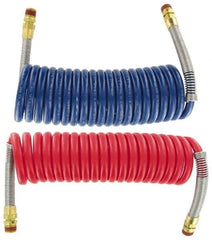 Parker - 3/8" ID, 1/2 x 1/2 Thread, 15' Long, (1) Red & (1) Blue SAE J844 Type B Nylon Coiled & Self Storing Hose - 150 Max psi, Parker NTA Brass Fittings - Industrial Tool & Supply