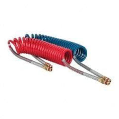 Parker - 3/8" ID, 1/2 x 1/2 Thread, 15' Long, (1) Red & (1) Blue SAE J844 Type B Nylon Coiled & Self Storing Hose - 150 Max psi, Parker NTA Brass Fittings - Industrial Tool & Supply