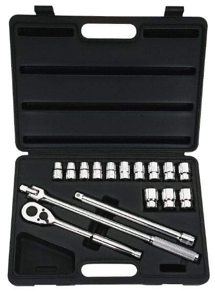 Stanley - 16 Piece 1/2" Drive Chrome Finish Socket Set - 6 Points, 12mm to 24mm Range, Metric Measurement Standard - Industrial Tool & Supply