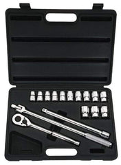 Stanley - 16 Piece 1/2" Drive Chrome Finish Socket Set - 6 Points, 12mm to 24mm Range, Metric Measurement Standard - Industrial Tool & Supply