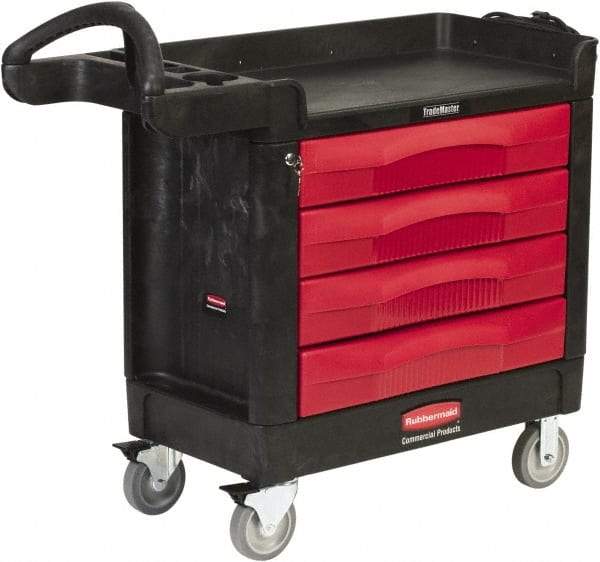 Rubbermaid - 500 Lb Capacity, 2 Shelf, 4 Drawer Mobile Workstation - 18-3/8" Wide x 40-5/8" Deep x 33-3/8" High, High-Density Structural Foam, Black/Red - Industrial Tool & Supply