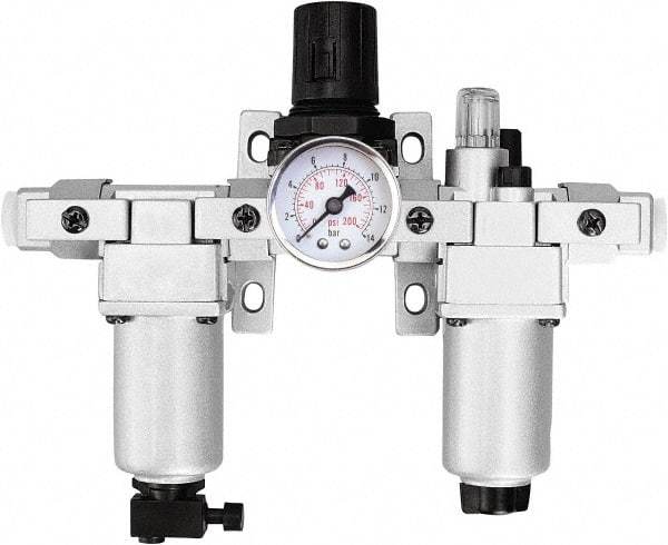 PRO-SOURCE - 3/8" NPT Port Intermediate 3 Piece Filter-Regulator-Lubricator FRL Unit - Aluminum Bowl, 71 SCFM, 215 Max psi, 10.43" High, Manual Drain - Industrial Tool & Supply