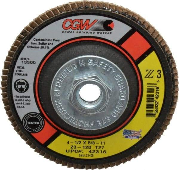 Camel Grinding Wheels - 120 Grit, 4-1/2" Disc Diam, 5/8-11 Center Hole, Type 27 Zirconia Alumina Flap Disc - 13,300 Max RPM, Poly Cotton Backing, Arbor Attaching System, Coated - Industrial Tool & Supply