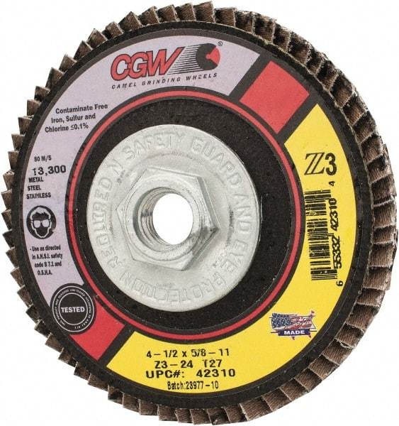 Camel Grinding Wheels - 24 Grit, 4-1/2" Disc Diam, 5/8-11 Center Hole, Type 27 Zirconia Alumina Flap Disc - 13,300 Max RPM, Poly Cotton Backing, Arbor Attaching System, Coated - Industrial Tool & Supply