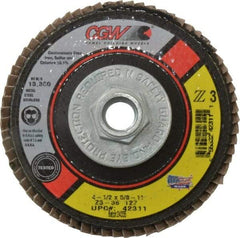 Camel Grinding Wheels - 36 Grit, 4-1/2" Disc Diam, 5/8-11 Center Hole, Type 27 Zirconia Alumina Flap Disc - 13,300 Max RPM, Poly Cotton Backing, Arbor Attaching System, Coated - Industrial Tool & Supply