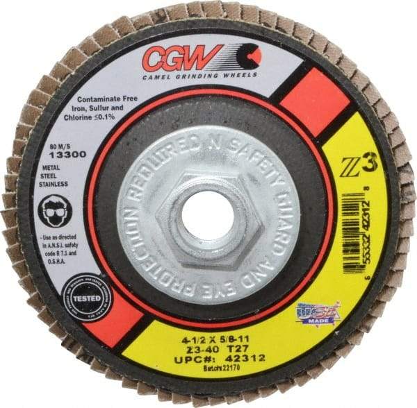 Camel Grinding Wheels - 40 Grit, 4-1/2" Disc Diam, 5/8-11 Center Hole, Type 27 Zirconia Alumina Flap Disc - 13,300 Max RPM, Poly Cotton Backing, Arbor Attaching System, Coated - Industrial Tool & Supply