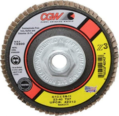 Camel Grinding Wheels - 40 Grit, 4-1/2" Disc Diam, 5/8-11 Center Hole, Type 27 Zirconia Alumina Flap Disc - 13,300 Max RPM, Poly Cotton Backing, Arbor Attaching System, Coated - Industrial Tool & Supply