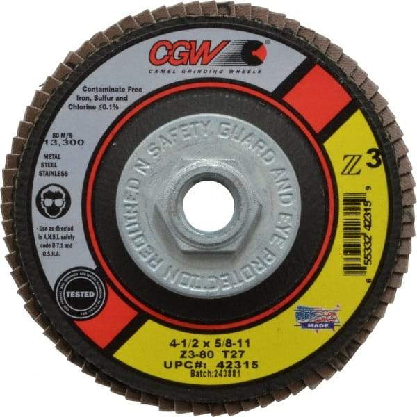 Camel Grinding Wheels - 80 Grit, 4-1/2" Disc Diam, 5/8-11 Center Hole, Type 27 Zirconia Alumina Flap Disc - 13,300 Max RPM, Poly Cotton Backing, Arbor Attaching System, Coated - Industrial Tool & Supply
