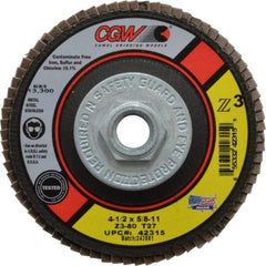 Camel Grinding Wheels - 80 Grit, 4-1/2" Disc Diam, 5/8-11 Center Hole, Type 27 Zirconia Alumina Flap Disc - 13,300 Max RPM, Poly Cotton Backing, Arbor Attaching System, Coated - Industrial Tool & Supply
