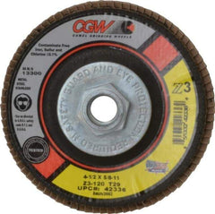 Camel Grinding Wheels - 120 Grit, 4-1/2" Disc Diam, 5/8-11 Center Hole, Type 29 Zirconia Alumina Flap Disc - 13,300 Max RPM, Poly Cotton Backing, Arbor Attaching System, Coated - Industrial Tool & Supply
