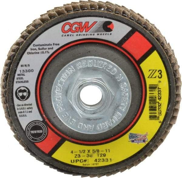 Camel Grinding Wheels - 36 Grit, 4-1/2" Disc Diam, 5/8-11 Center Hole, Type 29 Zirconia Alumina Flap Disc - 13,300 Max RPM, Poly Cotton Backing, Arbor Attaching System, Coated - Industrial Tool & Supply