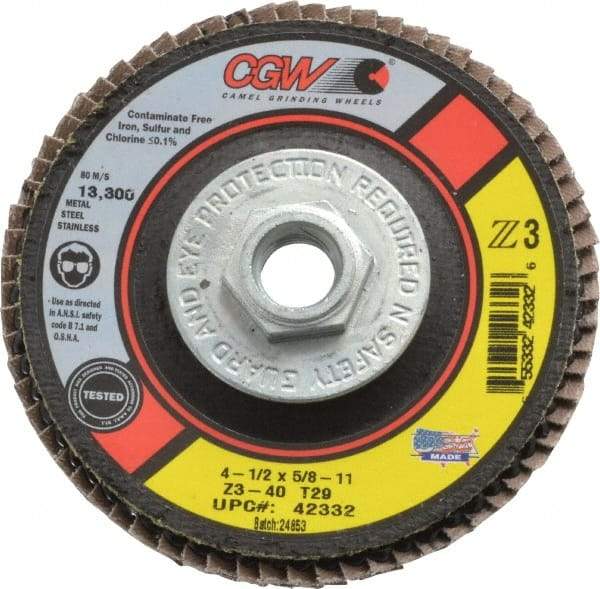 Camel Grinding Wheels - 40 Grit, 4-1/2" Disc Diam, 5/8-11 Center Hole, Type 29 Zirconia Alumina Flap Disc - 13,300 Max RPM, Poly Cotton Backing, Arbor Attaching System, Coated - Industrial Tool & Supply