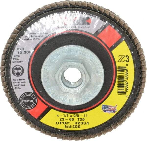 Camel Grinding Wheels - 60 Grit, 4-1/2" Disc Diam, 5/8-11 Center Hole, Type 29 Zirconia Alumina Flap Disc - 13,300 Max RPM, Poly Cotton Backing, Arbor Attaching System, Coated - Industrial Tool & Supply