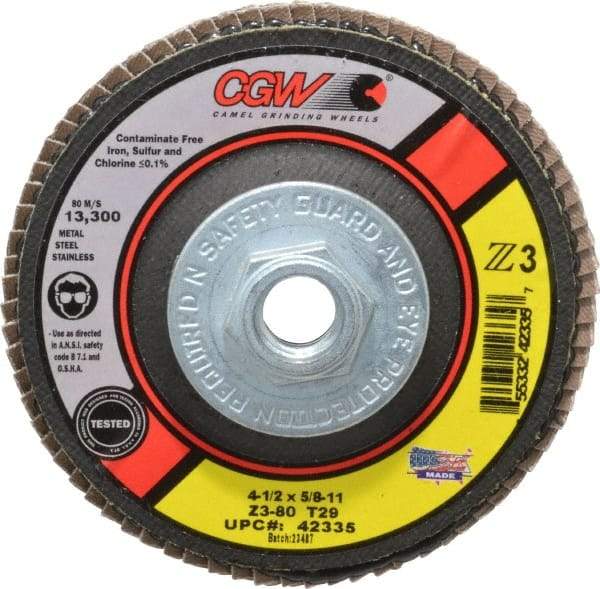 Camel Grinding Wheels - 80 Grit, 4-1/2" Disc Diam, 5/8-11 Center Hole, Type 29 Zirconia Alumina Flap Disc - 13,300 Max RPM, Poly Cotton Backing, Arbor Attaching System, Coated - Industrial Tool & Supply