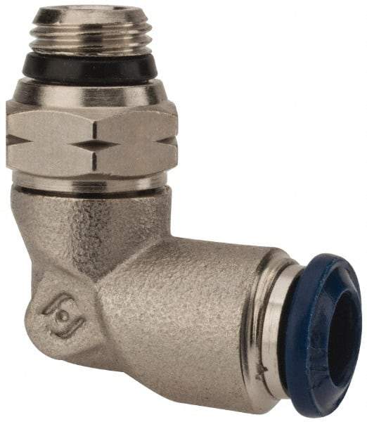 Alpha Technologies - 1/4" Outside Diam, 1/8 Universal Thread, Nickel Plated Brass Push-to-Connect Male Swivel Elbow - 250 Max psi, Tube to Universal Thread Connection, Buna O-Ring - Industrial Tool & Supply