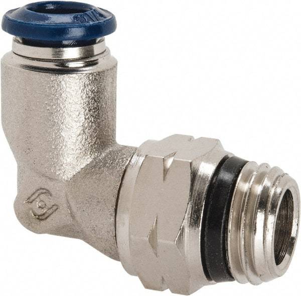 Alpha Technologies - 1/4" Outside Diam, 1/4 Universal Thread, Nickel Plated Brass Push-to-Connect Male Swivel Elbow - 250 Max psi, Tube to Universal Thread Connection, Buna O-Ring - Industrial Tool & Supply