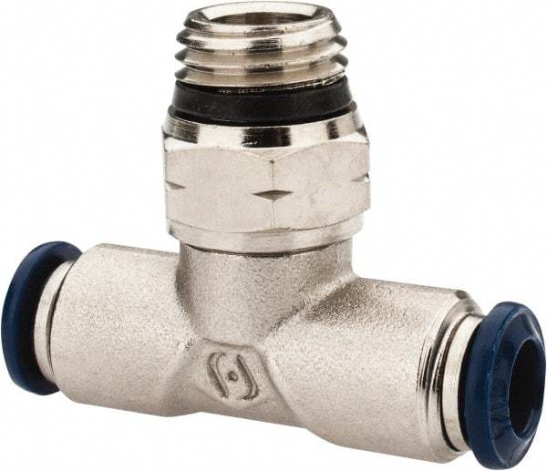 Alpha Technologies - 1/4" Outside Diam, 1/4 Universal Thread, Nickel Plated Brass Push-to-Connect Male Swivel Branch Tee - 250 Max psi, Tube to Universal Thread Connection, Buna O-Ring - Industrial Tool & Supply