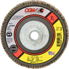 Camel Grinding Wheels - 40 Grit, 4-1/2" Disc Diam, 5/8-11 Center Hole, Type 29 Zirconia Alumina Flap Disc - 13,300 Max RPM, Poly Cotton Backing, Arbor Attaching System, Coated - Industrial Tool & Supply