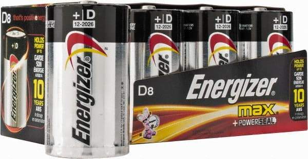 Energizer - Size D, Alkaline, 8 Pack, Standard Battery - 1.5 Volts, Flat Terminal, LR20, ANSI, IEC Regulated - Industrial Tool & Supply